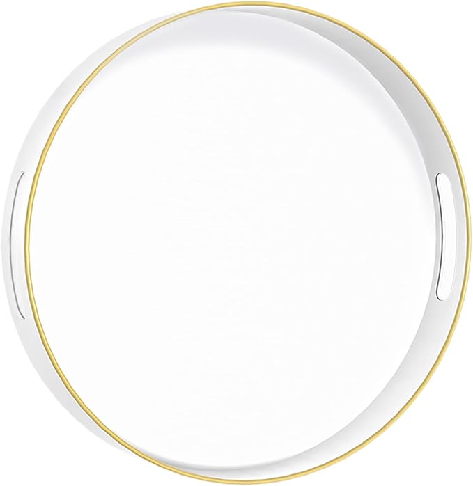MAONAME White Decorative Tray for Coffee Table, Modern Round Serving Tray with Handles, 13" Plastic Tea Trays for Ottoman, Bathroom Decor