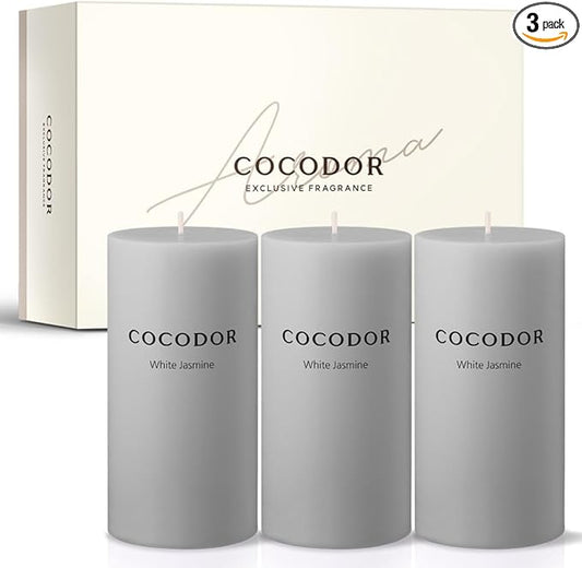 COCODOR Scented Pillar Candles, 3x6 Inch, White Jasmine, Candle Set of 3, Long Buring 85 Hours, Candles for Weddings, Party, Dinner, Home Decor.