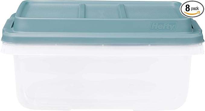 Hefty 18 Quart Hi-Rise Storage Bin with Lid, Stackable Plastic Container for Home, Office, and Classroom Organization, 8 Pack, Smoke Blue