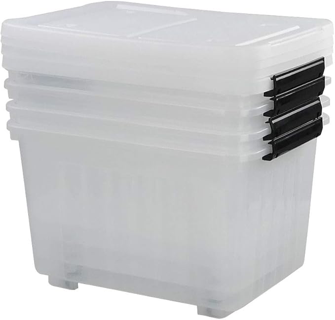30 L Clear Large Storage Box, 4-Pack Plastic Storage Bins with Lids and Wheels