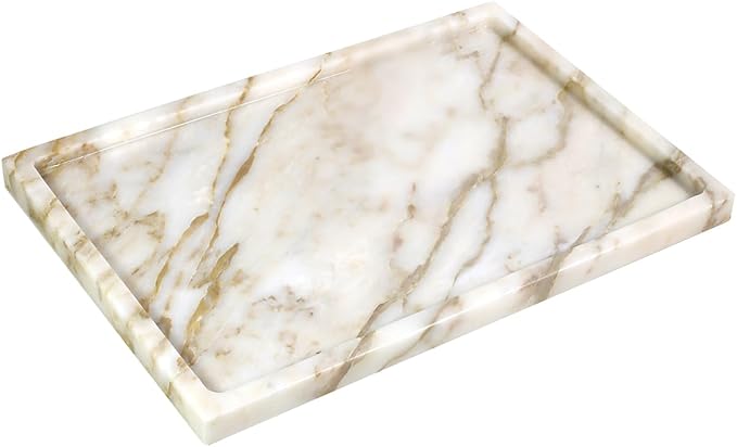 100% Natural Marble Serving Tray Luxury Marble Storage Tray for Home Decor Stone Tray for Bathroom/Kitchen/Vanity/Dresser,Plate Holder for Tissues, Candles, Towel