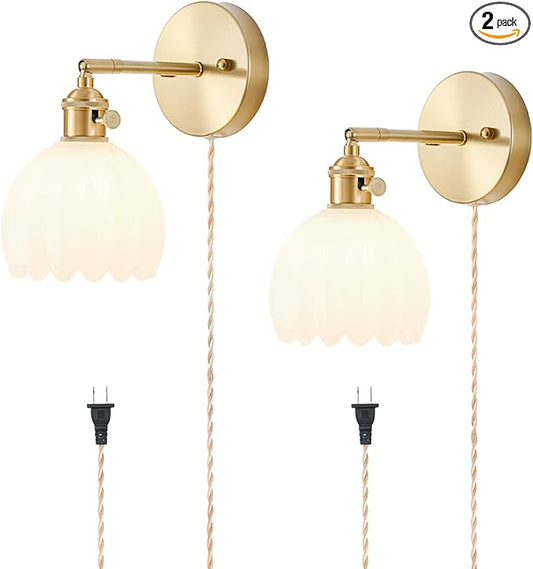 Plug in Wall Sconces Set of 2, Vintage Wall Sconce Light with Tulip Milk White Glass Lampshade, 180° Adjustable Wall Sconce with Switch and Plug in Wall lamp Cord, Gold Wall Light Wall Decor Set of 2