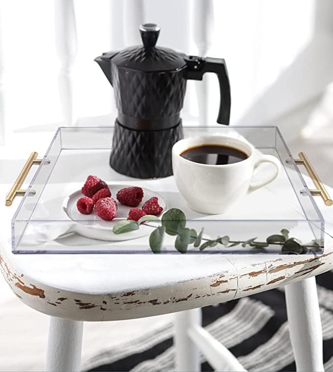 12"x12" Clear Acrylic Serving Tray with Golden Handles, Sturdy Huge Capacity Acrylic Trays for Coffee, Juice, Kitchen and Desk Organizer, Storage Tray (12"x12")