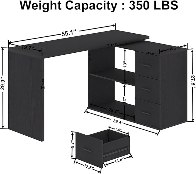HSH Black L Shaped Desk with Drawers Shelves, 360 Rotating Home Office Desk L Shape with Storage Cabinet, Corner Wood Computer Table for PC Executive Work Study Writing in Bedroom Living Room, 55 in