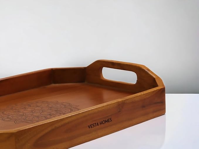 Vesta Homes Extra Large Wooden Serving Tray for Home, Kitchen, Breakfast, Restaurant, Office Organizer, Dining Table | Premium Acacia Wood |18 * 12 * 3 Inches | Handcrafted in India