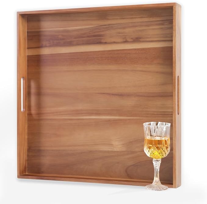 22-INCH Huge Ottoman Tray for for Living Room Large Wood Trays for Ottoman Square Wooden Serving Trays with Handles Decorative Trays for Party, Food Serving, Breakfast, Dinner, Coffee Tea, Appetizers