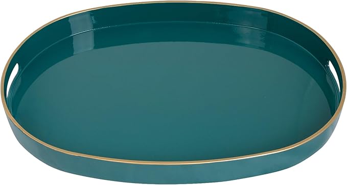 MAONAME Green Decorative Tray, Oval Serving Tray with Handles, Plastic Trays for Coffee Table, Ottoman Trays for Living Room, Bathroom, 15.6" X 10.6" X 1.4"