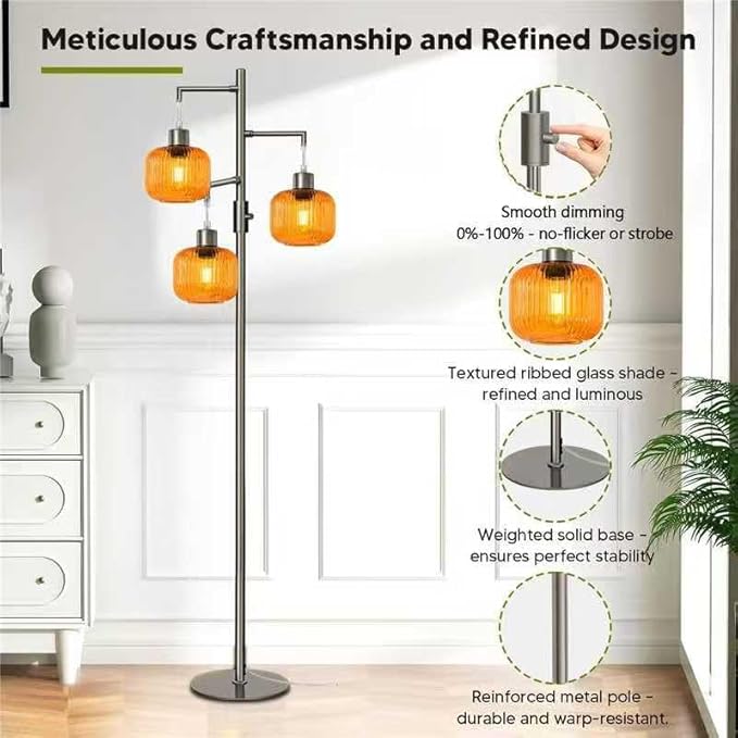 Dimmable Glass Floor Lamp for Living Room,3 Lights Standing Lamp for Living Room, Modern Standing Tree Lamp with Orange Glass Shade, 69In Tall Lamp for Bedroom Office, 3×600 LM LED Bulbs Included