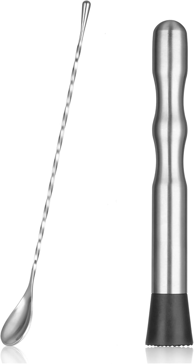 Stainless Steel Cocktail Muddler & Long Handle Stirring Spoon 2-Piece Set - Professional Bartender Tools for Mojitos, Fruit Drinks & Cocktail Mixing