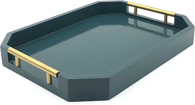 Serving Tray with Polished Metal Handles, Hexagon Coffee Table Tray, Modern Rectangle Decorative Tray, Large Ottoman Tray, Perfect for Storage and Display (Teal Rectangle)