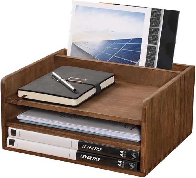 Desk Organizer for File Folder Storage with 3 Paper Letter Tray &1 Vertical Compartment- Wood Office Desktop Document Organizer Rack - Filing Folder Mail Sorter Desk accessories Dark WJJ3K-DK