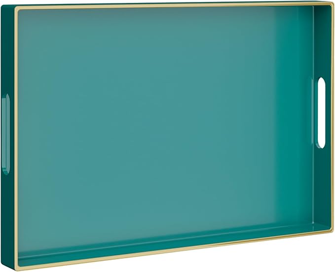 MAONAME Green Serving Tray with Handles, Rectangular Decorative Tray, Modern Coffee Table Trays, Plastic Ottoman Trays for Bathroom, Decor, 15.7” x 11.8” x 1.57"