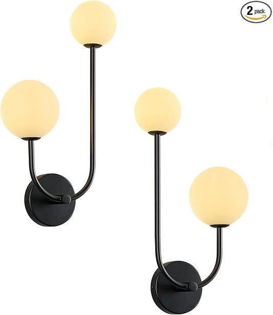 Milk Glass Wall Sconce Black Wall Sconces Set of Two Mid Century Modern Sconces Wall Lighting 2 Light Globe Sconce for Bedroom Living Room Hallway Wall Light Fixtures