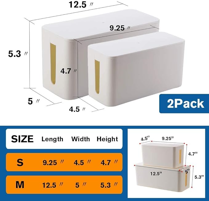 Cable Management Box Organizer, Pack of 2 Wire Concealer to Cover Hide Surge Protector & Power Strip on Desk Floor, with 5 Cord Fastening Tapes for Office, Home, Kitchen (Ice White)