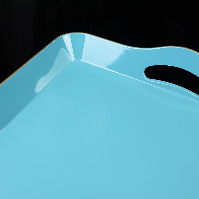 Teal Blue Decorative Tray for Coffee Table with Handles, Plastic Rectangular Serving Tray for Living Room, Bathroom, Outdoors, 11.8"*17.3"