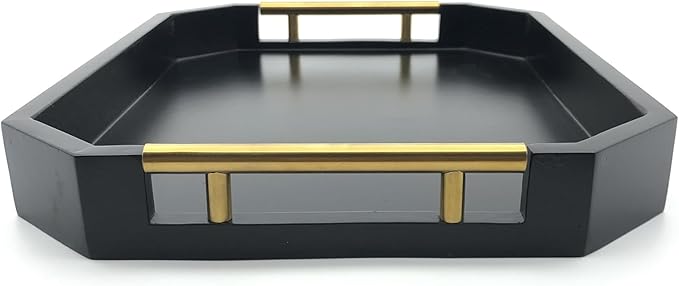 Serving Tray with Polished Metal Handles, Hexagon Coffee Table Tray, Modern Rectangle Decorative Tray, Large Ottoman Tray, Perfect for Storage and Display (Black Rectangle)