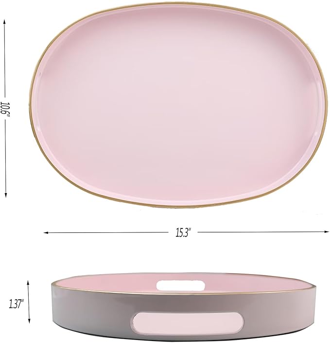 Pink Oval Decorative Tray with Handles, Versatile Serving Tray for Coffee Table, Ottoman, Ideal for Serving, Displaying, Organizing, 15.3"*10.6"*1.37"
