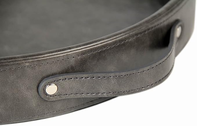 HofferRuffer Top Nocth PU Leather Round Serving Tray, Decorative Serving Tray with Handles, Coffee Tray, Ottoman Tray for Home Or Office, Diameter 14.6-inch (Dark Grey)