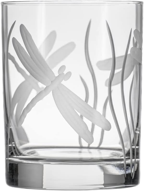 Rolf Glass Dragonfly Double Old Fashioned Glass | 13oz Whiskey Glass | Set of 4 | Lead-Free Etched Glassware | Proudly Made in the USA