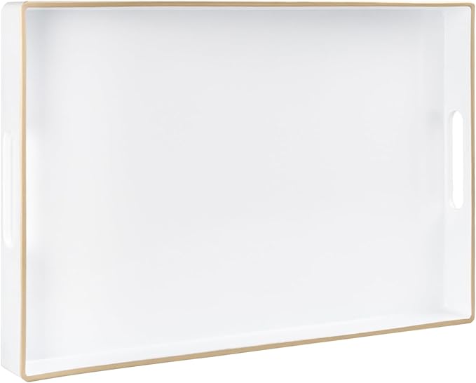 MAONAME White Decorative Tray for Coffee Table, Modern Serving Tray with Handles, Plastic Rectangular Tea Tray for Ottoman, Bathroom Decor, 15.8” X 10.2” x1.4