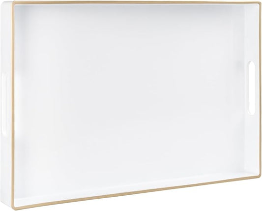 MAONAME White Decorative Tray for Coffee Table, Modern Serving Tray with Handles, Plastic Rectangular Tea Tray for Ottoman, Bathroom Decor, 15.8” X 10.2” x1.4