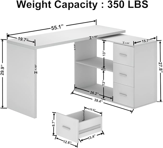 HSH White L Shaped Desk with Drawers Shelves, 360 Rotating L Shape Computer Desk with Storage Cabinet, Corner Home Office Desk Computer Table，55 Inch