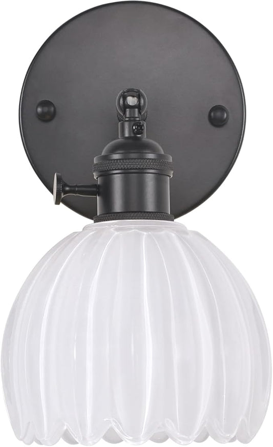 Vintage Wall Sconce with Cute White Tulip Glass Lampshade 180 Degree Adjustable Black Sconce Hradwired Modern Wall Lighting Fixture with Switch for Bedside Bedroom Doorway