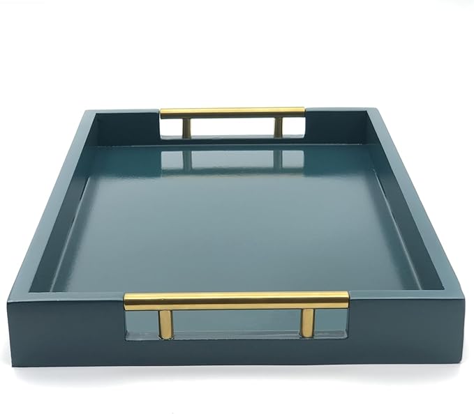 Serving Tray with Polished Metal Handles, 16.5''x12'' Rectangle Coffee Table Tray, Modern Decorative Tray, Large Ottoman Tray, Perfect for Storage and Display (Teal)