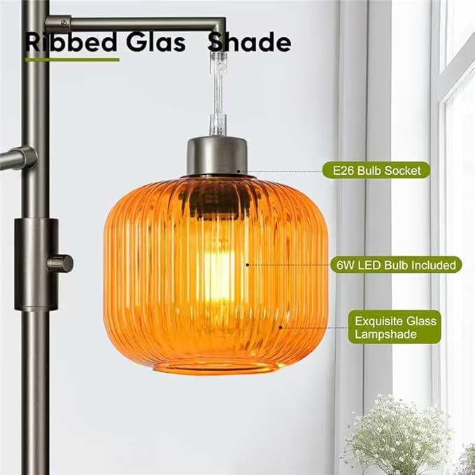 Dimmable Glass Floor Lamp for Living Room,3 Lights Standing Lamp for Living Room, Modern Standing Tree Lamp with Orange Glass Shade, 69In Tall Lamp for Bedroom Office, 3×600 LM LED Bulbs Included