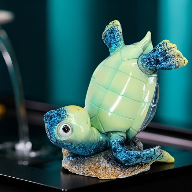Resin Sea Turtle Table Decor - 4-Inch Baby Turtle Figurine for Desk & Tabletop, Cute Ocean-Themed Decoration, Feng Shui Lucky Charm Statue (Blue)