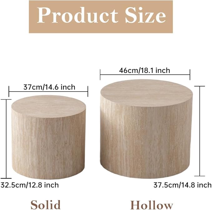 Round Nesting Coffee Table Set of 2 Modern Small Round Coffee Table Travertine Side Table Small End Table Circular Coffee Tables Circle Nested Coffee Tables for Living Room (Travertine)