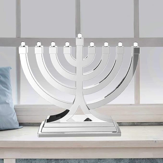 Mini Electric Menorah LED Battery or USB Powered - Push Button Multi Light Settings - Hanukkah Battery Operated Minorah Small Menorahs for Office Car Home Chanukah Decorations By Zion Judaica (Silver)