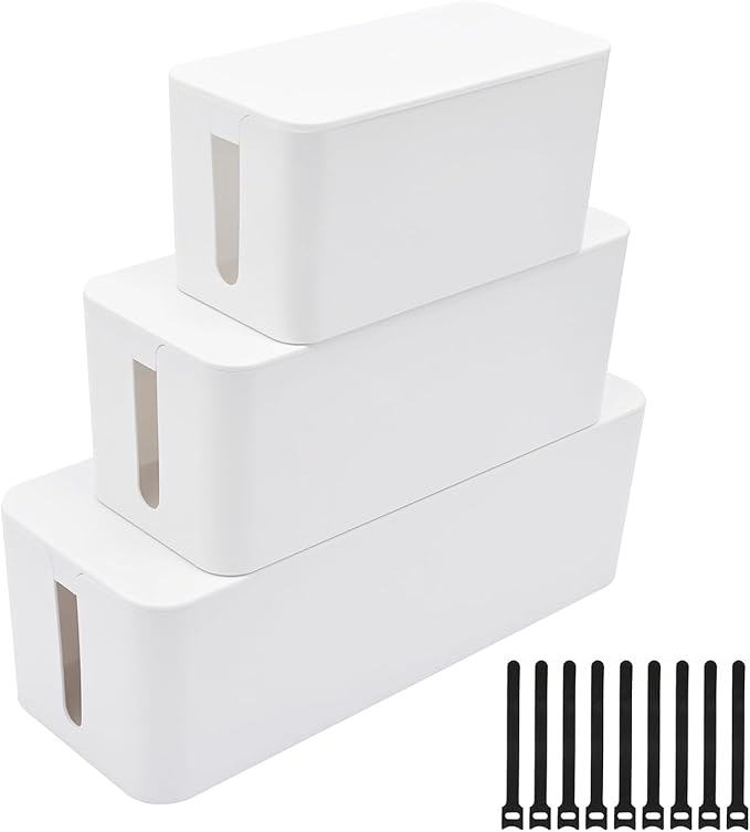 YaeCCC Cable Management Organizer Box Power Strips Hider Power Cords Hider for Desk, TV, Computer, USB Hub,Cords (Set of Three) White