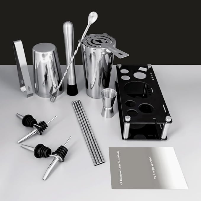 Professional Cocktail Shaker Set with Stand Cocktail Recipes, 15-Piece 750/600ml Bartender Kit, Bar Sets Bartending Kit Bar Tool Set 25/20oz Boston Shakers, Jigger, Muddler (Silver)