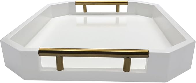 Serving Tray with Polished Metal Handles, Hexagon Coffee Table Tray, Modern Rectangle Decorative Tray, Large Ottoman Tray, Perfect for Storage and Display (White Rectangle)