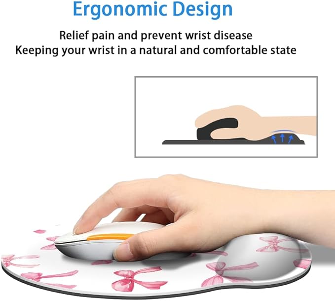 Mouse Pad with Wrist Support, Ergonomic Mouse Pad with Memory Foam Wrist Rest Cushion, Non-Slip Rubber Base Gaming Mice Pad for Home Office Computer Laptop,Pink Bow
