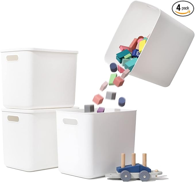Plastic Storage Baskets Bins Boxes With Lids,Organizing Container White Storage Organizer Bins For Shelves Drawers Desktop Playroom Classroom Office,4-Pack
