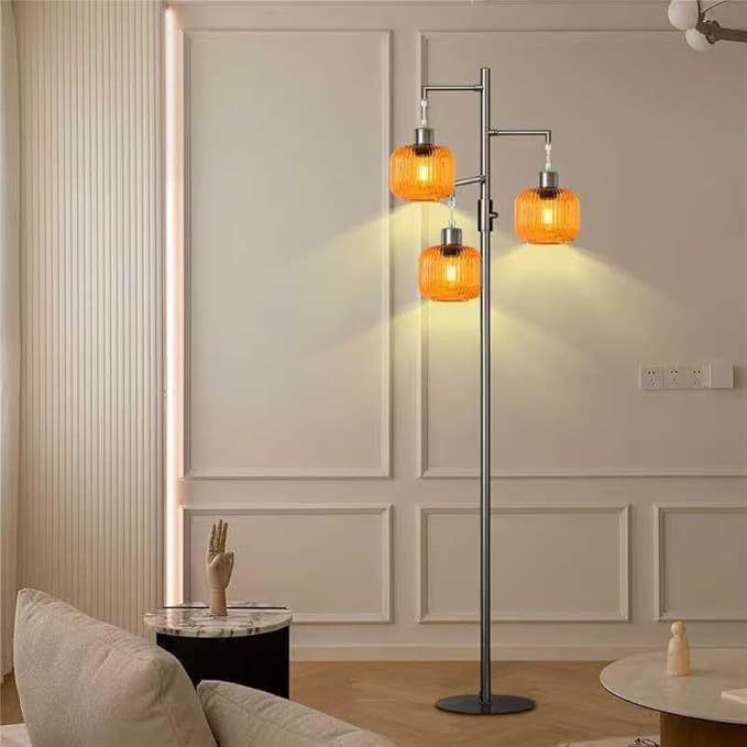 Dimmable Glass Floor Lamp for Living Room,3 Lights Standing Lamp for Living Room, Modern Standing Tree Lamp with Orange Glass Shade, 69In Tall Lamp for Bedroom Office, 3×600 LM LED Bulbs Included