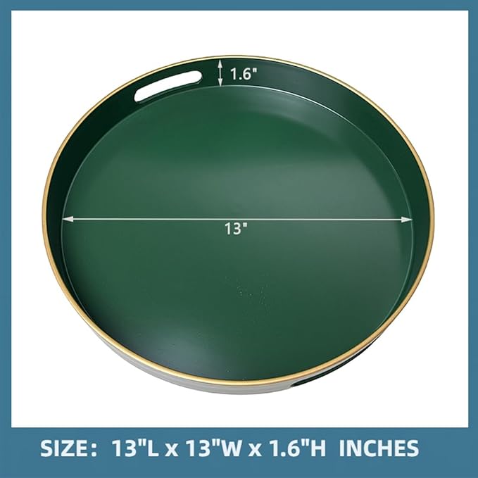 Green Round Serving Tray, Decorative Serving Trays with Handles, Coffee Table Tray Living Room, Plastic Tray for Ottoman.13
