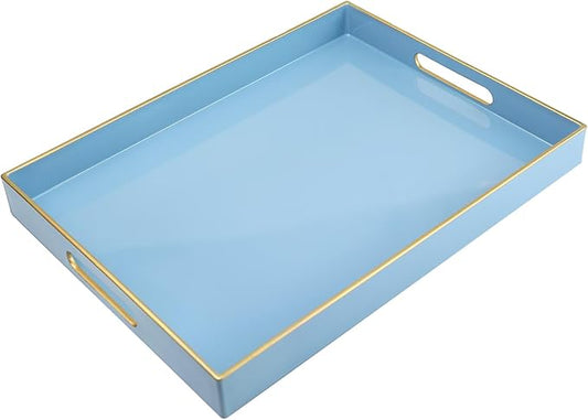 Spsyrine Blue Plastic Serving Tray for Ottoman, Coffee Table, Rectangle Decorative Tray for Entertaining, Outdoor, Living Room, Home Decor
