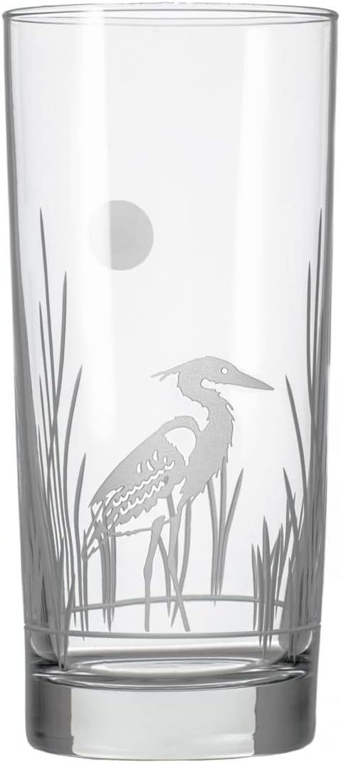 Rolf Glass Heron Highball Glass | 15oz Set of 4 Cooler Glasses | Lead-Free and Engraved | Drinking Glass with Heavy Base | Designed and Engraved in the USA | Coastal Bird Design