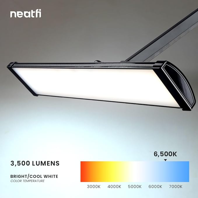 Neatfi Ultra 3,500 Lumen LED Desk Lamp, 45W, 26-Inch Wide Metal Shade, 270 SMD LEDs (Non-CCT with Clamp, Black)