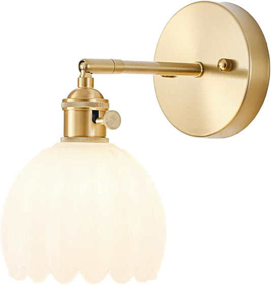 Hardwired Wall Sconce Light, Vintage Wall Sconce with Switch, Gold Wall Light Fixture with Tulip Milk White Glass Lampshade, Indoor Wall Light for Bedroom Bathroom, Bedside Wall Lamp