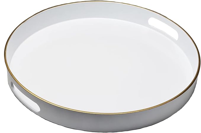 Spsyrine Round White Decorative Tray, 13" Plastic Serving Table Tray with Handles for Breakfast, Round Modern Ottoman Tray for Coffee Table, Bathroom, Kitchen, Living Room