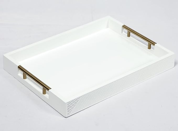 Serving Tray with Polished Metal Handles, 16.5''x12'' Rectangle Coffee Table Tray, Modern Decorative Tray, Large Ottoman Tray, Perfect for Storage and Display (White)