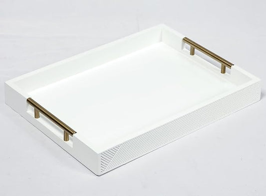 Serving Tray with Polished Metal Handles, 16.5''x12'' Rectangle Coffee Table Tray, Modern Decorative Tray, Large Ottoman Tray, Perfect for Storage and Display (White)