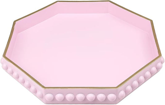 Pink Serving Tray for Coffee Table, Octagonal Beaded Plastic Decorative Tray for Ottoman, Kitchen Counter, Living Room, Outdoor Lacquer Tray for Entertaining