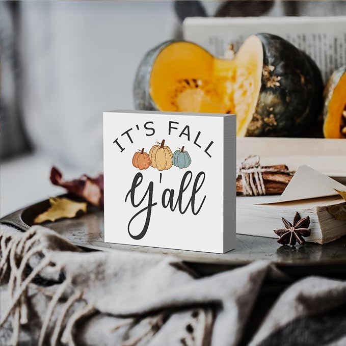 Fall Wooden Box Sign, 5.1 X 5.1 Inch Pumpkin Autumn Wood Sign for Tiered Tray, Home Living Room Harvest Day Thanksgiving Tabletop Decor - It's Fall Y'all 2