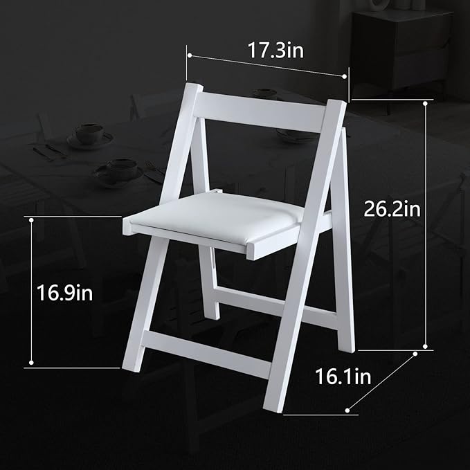 FUNROLUX Folding Dining Chairs with Padded Cushion, Wooden Portable Stackable Foldable Chairs Set of 2 with Solid Wood Frame for Kitchen, Party, RV, No Assembly, White