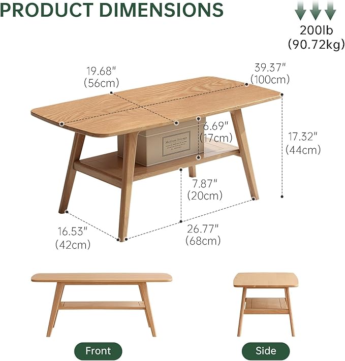 100% Solid Oak Wood Coffee Table for Living Room, 2-Tier Small Coffee Tables with Shelf Storage, Mid Century Modern Table with Rounded Corners (Natural, 39.37“ x 22.05” x 17.32“)
